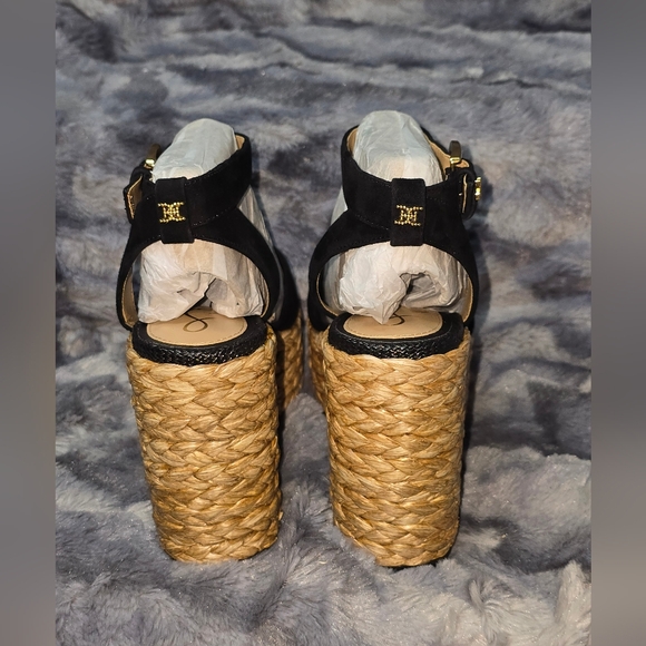 NWT Sam Edelman April Ankle-Strap Raffia-Wedge Sandals Black Size 6.5 - Picture 5 of 11